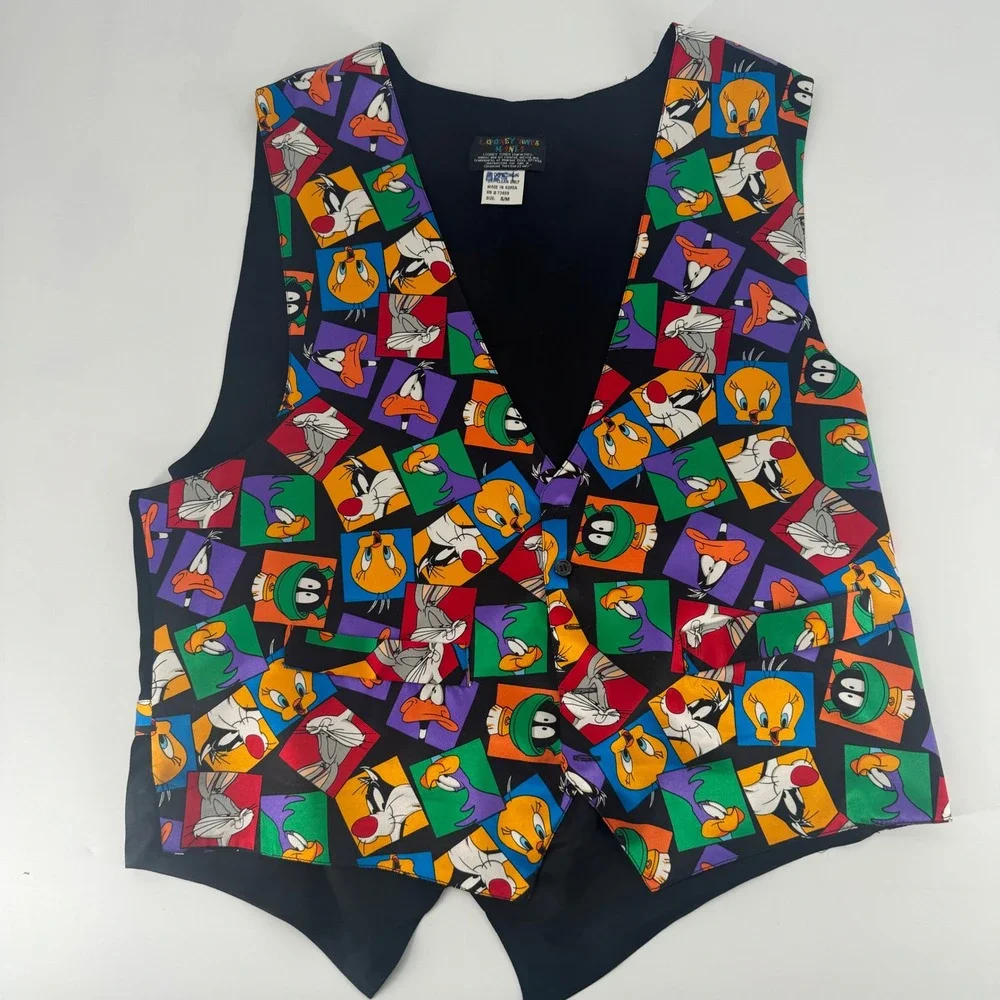 Vintage 1994 Looney Tunes Mania 100% Silk Character Print Vest S/M‎ 90s Retro